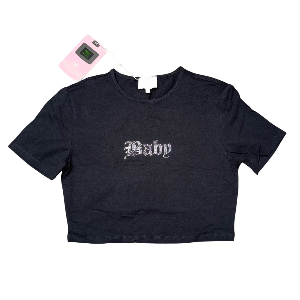 MESHKI Fia Baby Crop T-Shirt Womens M Black NEW Rhinestone 2000s Limited Edition